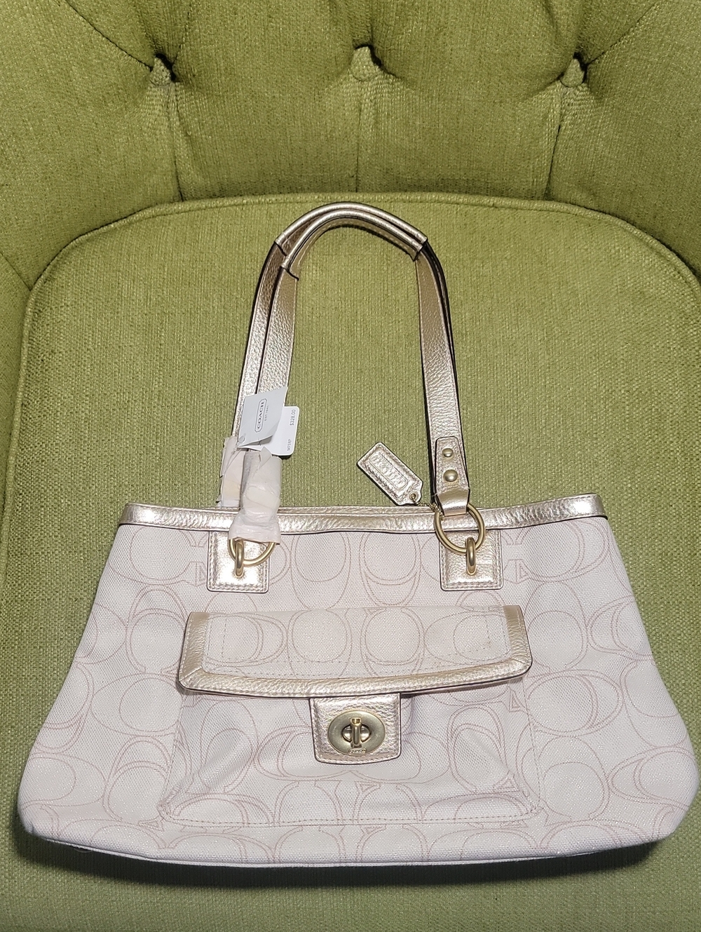 Coach Cream Signature Canvas Shoulder Bag with Metallic Gold Trim